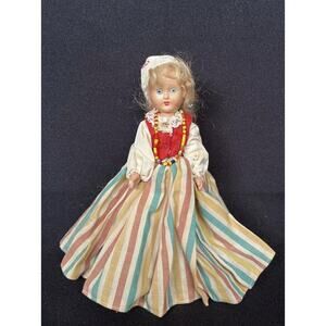 Vintage Plastic Blonde Blue Eye Souvineer Doll Traditional European Dress & Hat